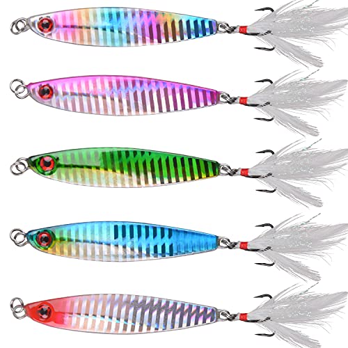 Saltwater Jigging Spoon Lures5pcs Sinking Metal Jig Casting Trolling Spoon Lure Vertical Slow Jigging Bait for Bass Trout Surf Fishing(14g)